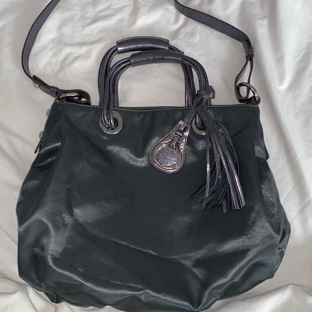 Francisco Biasia metallic gray nylon with leather trim bag
